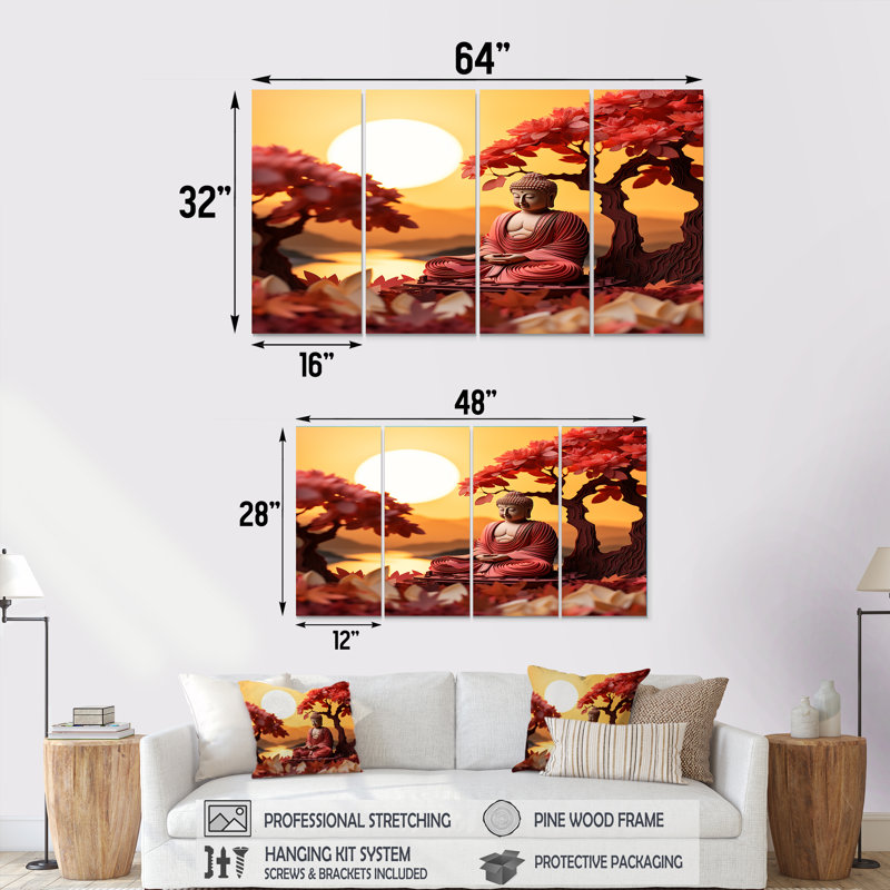 Bouddha rouge au coucher du soleil d'automne, art mural 4 pièces, H 32 po x l 64 po