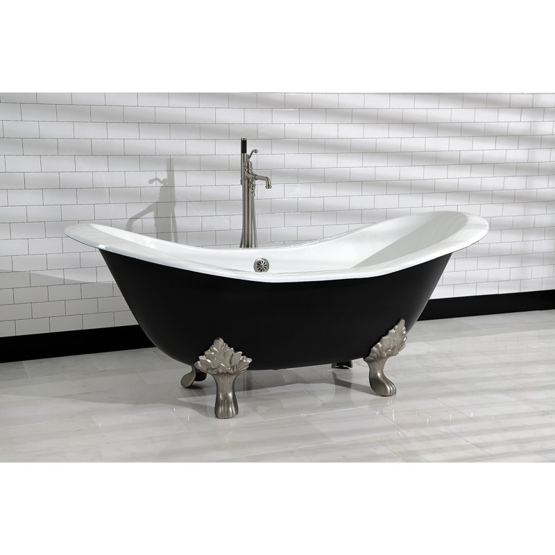Kingston Brass Aqua Eden 72-Inch Cast Iron Oval Double Slipper Clawfoot Tub (No Faucet Drillings), Black/White/Brushed Nickel