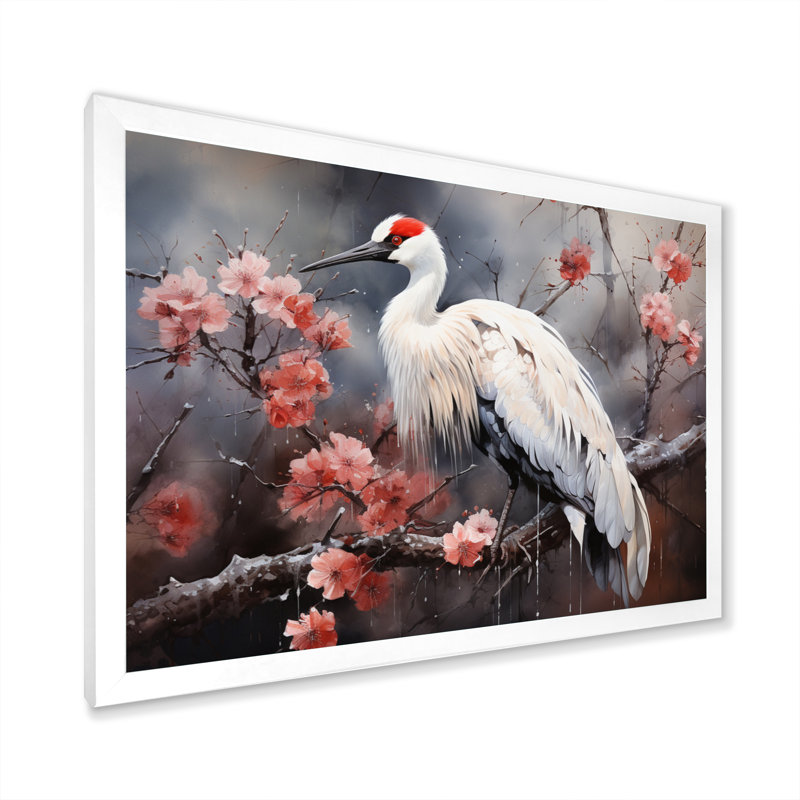 Grue rouge de Chine II - impression, Cadre simple blanc, H 34 po x l 44 po x P 1,5 po