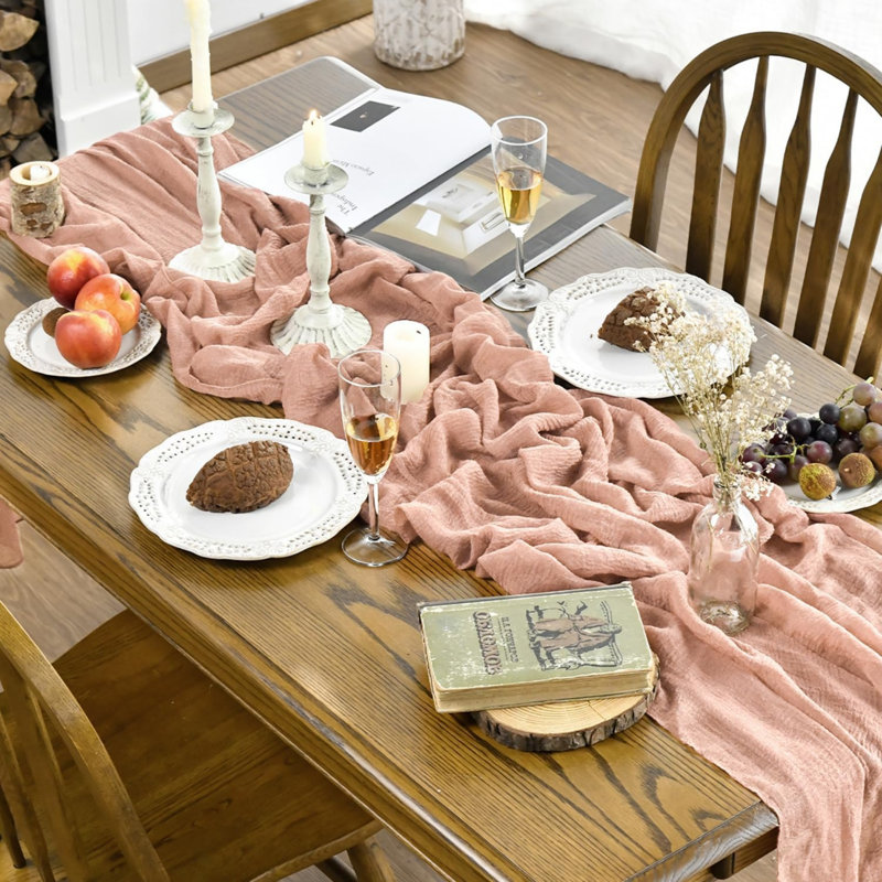 Peach Boho Gauze Wedding Cheesecloth Table Runner 300 cm | Seasonal Bridal Fabric Kitchen Dining Holiday Table Decor for Home Party