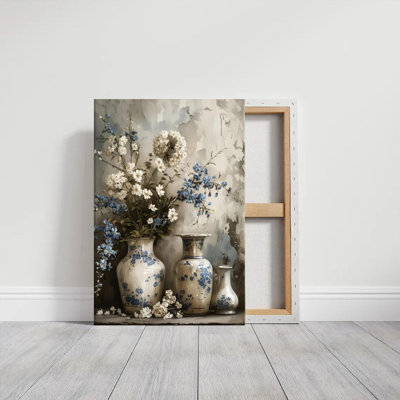 2D Flat, 1Pc Framed Canvas Wall Art, Floral Still Life, Blue and White Porcelain Vase, Classical Realistic Style Art Print Canvas Poster Painting Room Wall Decor, Ideal Gift, Ready To Hang