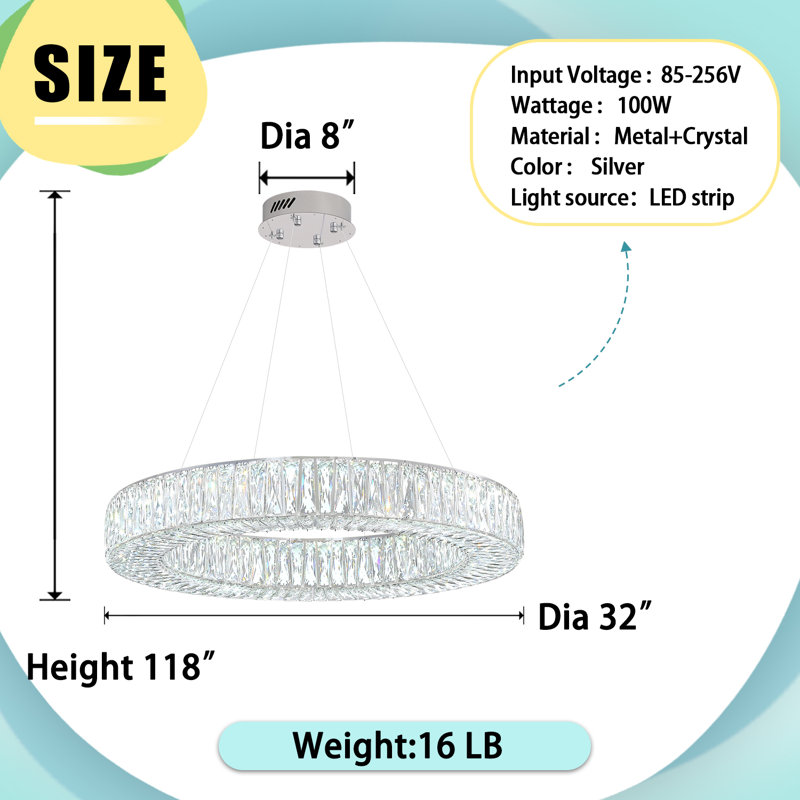 Mercer41 32" Modern Led Ring Crystal Chandelier Adjustable Dimming LED Pendant Light