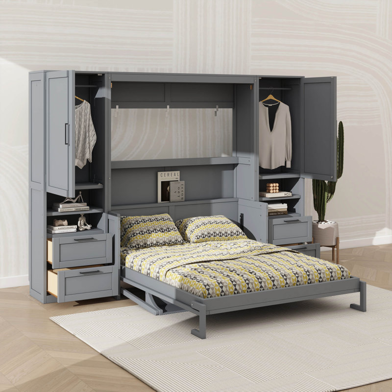 Lit escamotable Murphy avec grande armoire, tiroirs et étagères, Grand lit, Gris