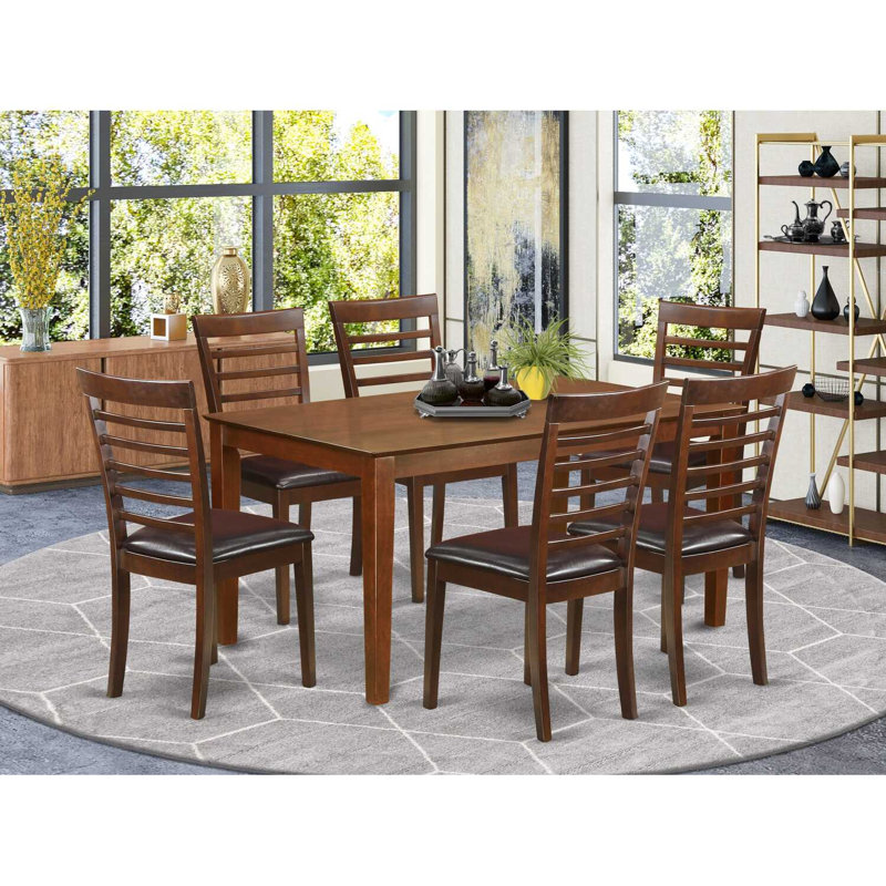 Table de salle à manger 7 pièces à plateau rectangulaire en bois massif avec finition acajou et 7 chaises