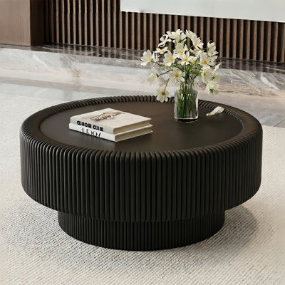 Table basse 31,5 po en cuir cannelé moderne, table de rangement ronde avec plateau en verre trempé, table centrale