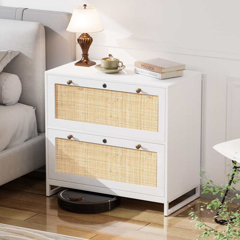 White and Natural Rattan 2-Drawer Lockable File Cabinet