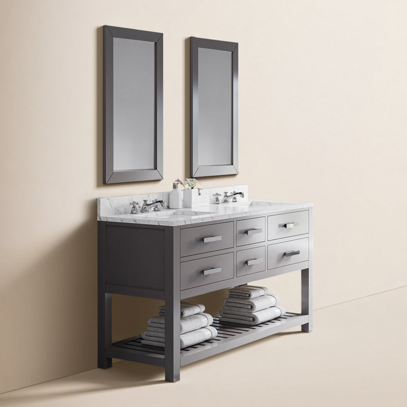 Ensemble de meuble-lavabo de 60 po avec miroir en marbre blanc Carrara Parmer, Gris, H 34 po x l 60 po x P 21,5 po