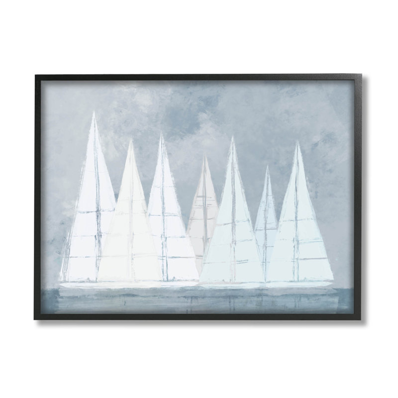 Voiliers géométriques modernes, art giclée flottante par Dan Meneely, H 24 po x l 30 po x P 1,5 po, Cadre noir