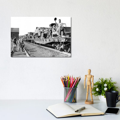 1940s World War Ii Freight Train Of Jeeps And Half Tracks On Way To The Front Factory Workers Bid Farewell To Soldiers On Train - Wrapped Canvas Print