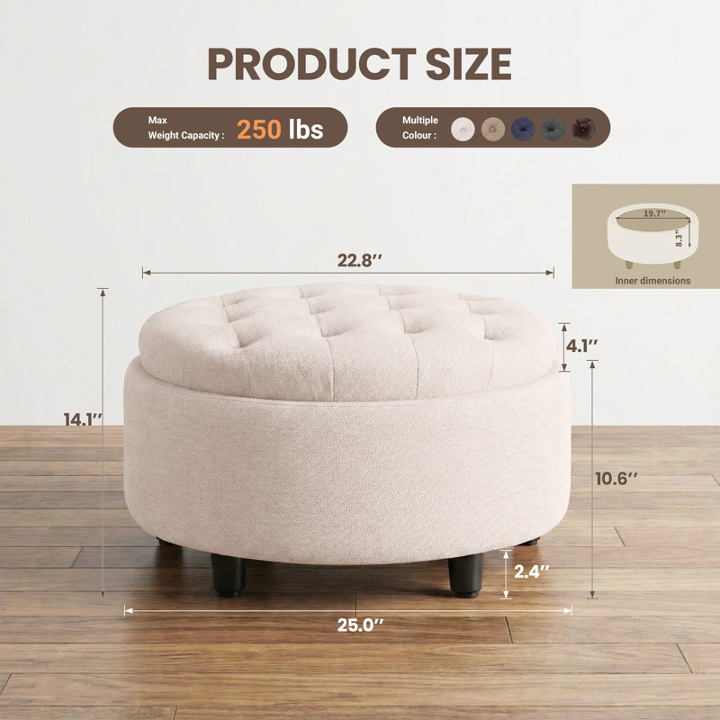 25" Round Upholstered Storage Ottoman with Tufted Cushion, Hidden Storage, Beige