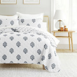 Quilt Set - Lightweight - All Season Quilted Coverlet -Stamped Bloom Dusk Blue