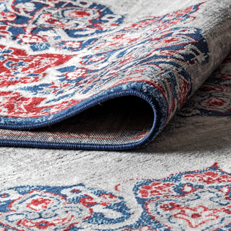 Tapis perse moderne bleu marine / rouge à motif médaillon marocain rétro Blazek, Rectangle 3 pi x 5 pi