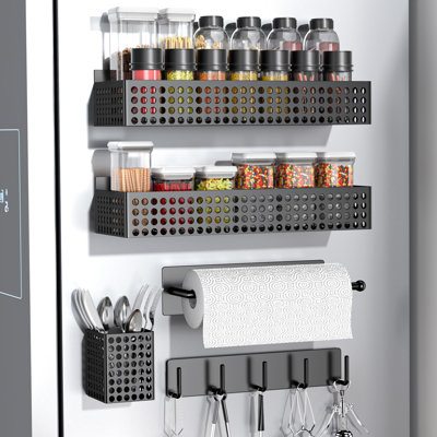 Magnetic Spice Rack For Refrigerator 2 Tiers And Paper Towel Holder And Utensil Holder, Strong Magnetic Fridge Shelf, Side Fridge Storage Rack For Kit