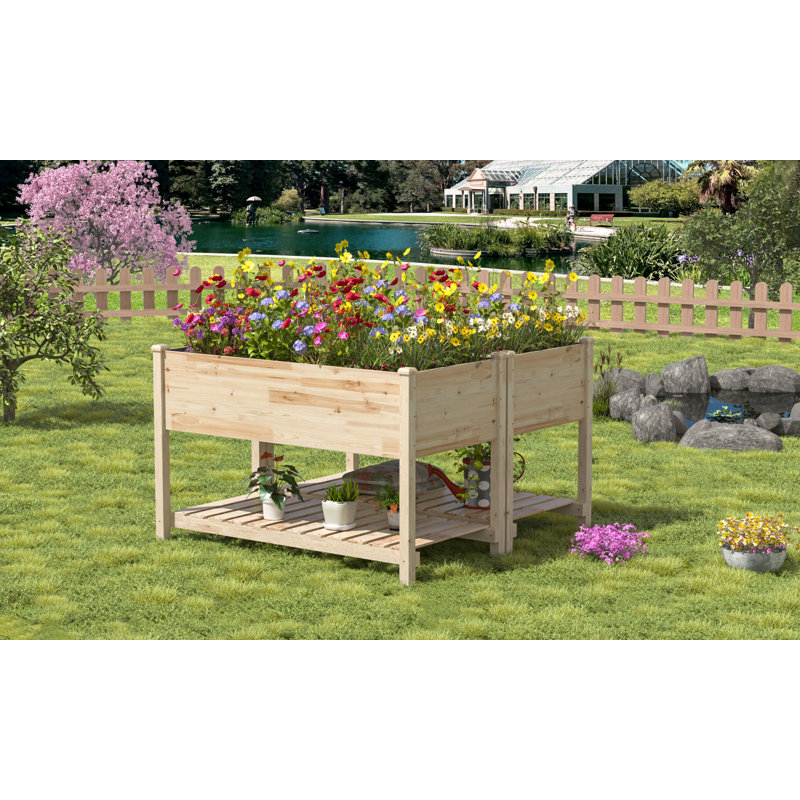 Kersh 47" X 24" All-Wood Raised Garden Bed With Varnish Finish, Storage Shelf And Drainage Holes(Set of 2)