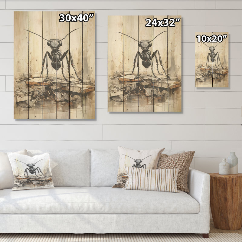 «Minimalist March Charcoal Ant», art mural sur bois de pin naturel, H 20 po x l 10 po
