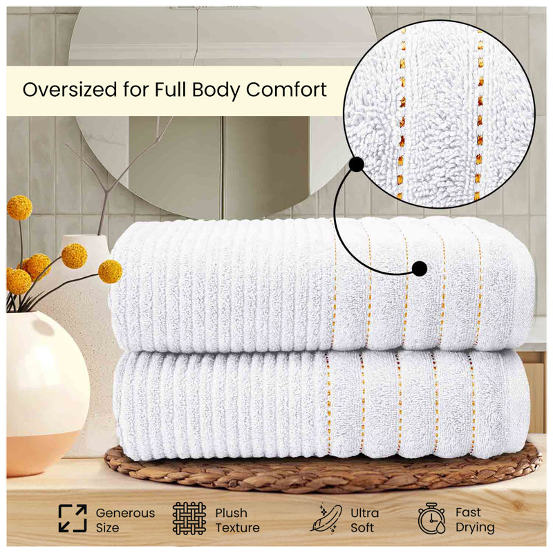 Premium Ribbed Cotton Bathroom Towel Collection, Soft & Plush, Fast Absorbing Hand, Bath Towels & Bath Sheets - 2 Pack, White