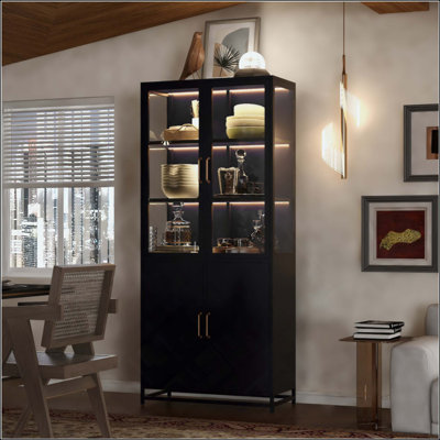Tall Display Cabinet, With Glass Doors And LED Lights, Steel Curio Cabinet With 3-Sided Glass, Pantry Cabinet With Storage For Hallways, Livingroom Kitchen Home Decor & Office