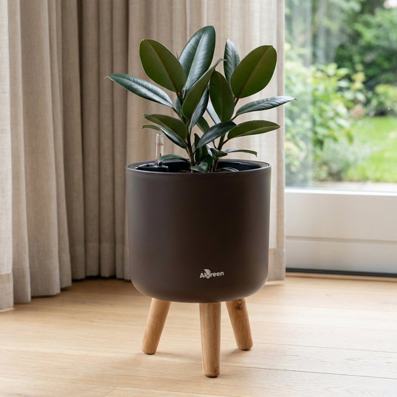 Modena Self-Watering Planter with Stand, Brown, 13.25"H x 9"W x 9"D