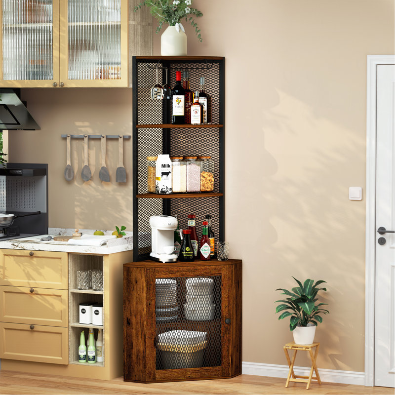 Tablette d'angle avec portes, armoire de coin de 65 po avec tablettes et porte-verres à vin, étagère de présentation de bibliothèque à 6 niveaux, support de rangement de coin autoportant pour la cuisine, le salon, le balcon