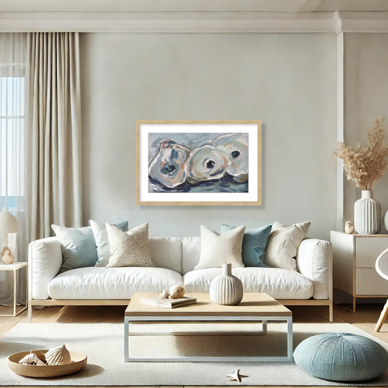 Coastal Retreat Pearlescent Elegance: Oyster Abstract, 30" H x 40" W x 1.125" D, Framed Matted Print, Beige