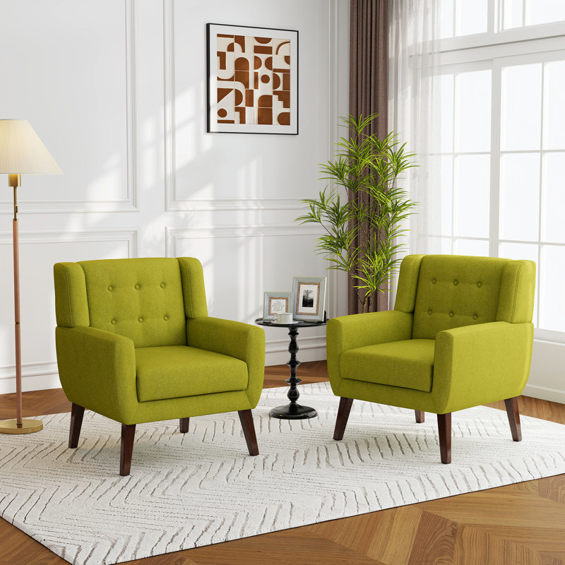 Stephanny 27.5" Wide Tufted Armchair with Solid Wood Legs, Green Linen Blend