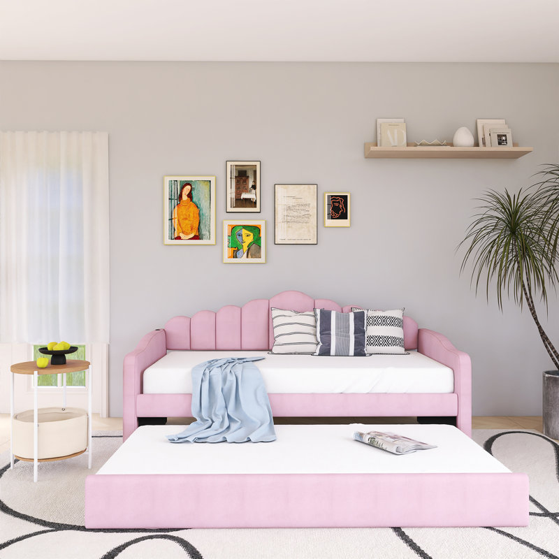 Twin Size Upholstered Daybed With Trundle ,Velvet Sofabed With USB Charging Ports, Pink