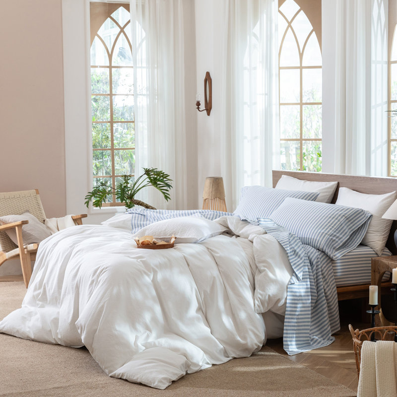 Ensemble de draps 100% coton lavé MooMee, Ensemble de draps pour grand lit avec 2 taies d'or
