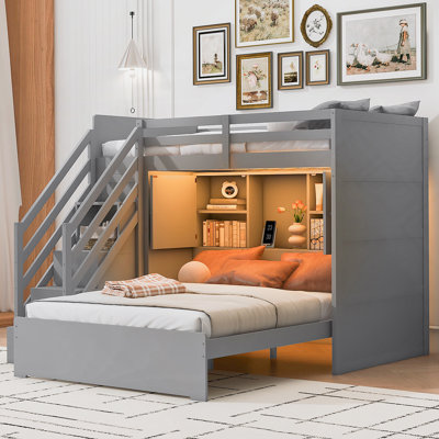 Twin Over Full Bunk Bed With Storage Stairs, Wardrobe,USB And Ligh,Gray