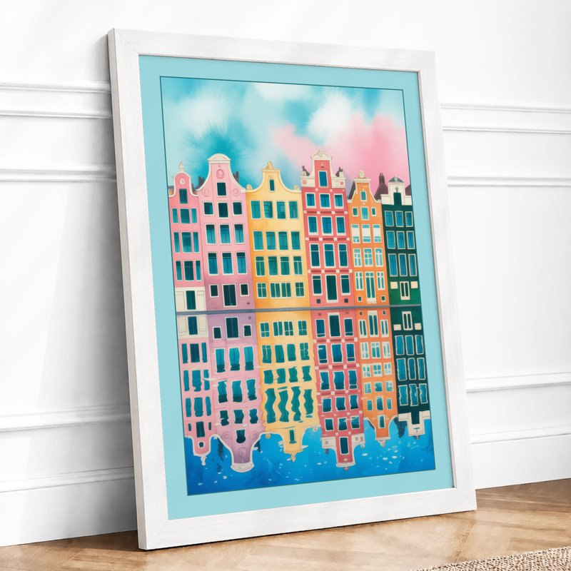 European Waterside Houses Retro - Framed Print, A4 - 29.7 x 21.0 cm, White