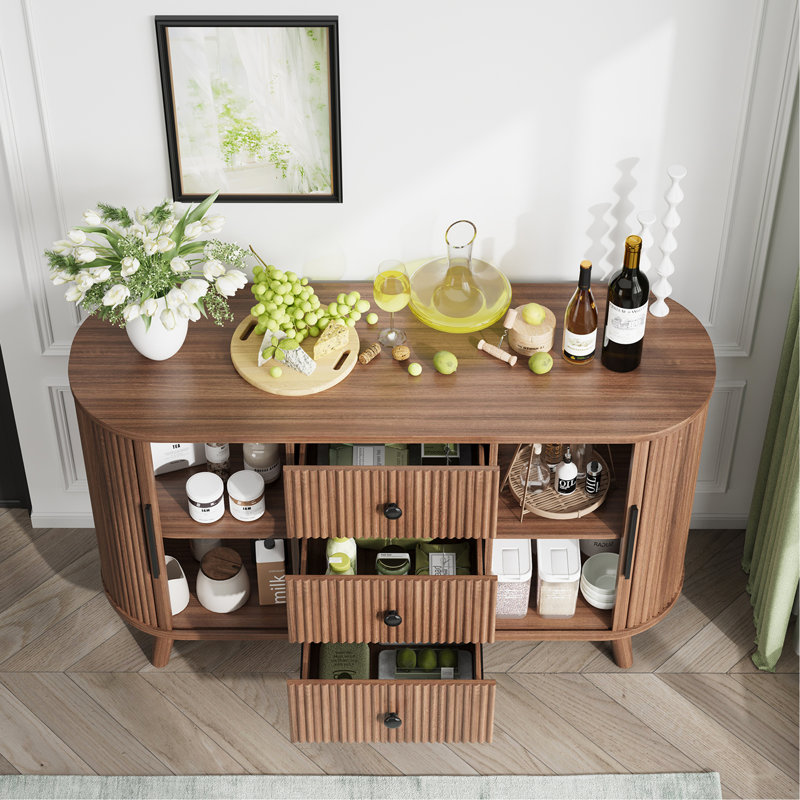 Sideboard Buffet Cabinet With 2 Sliding Tambour Doors And 3 Drawers, Storage Cabinet With Adjustable Shelves For Living Room, Walnut