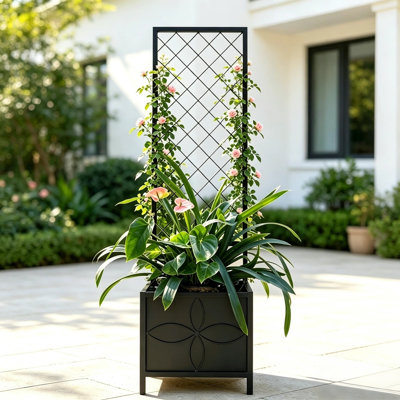Zhongma Raised Garden Bed with Trellis, Heavy Duty Metal Planter Box with Fabric Liners & Drainage Holes for Climbing Plants, 15.75"L x 15.75"W x 55"H