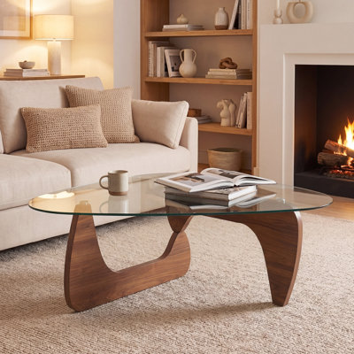16.5'' H Modern Triangle Glass Coffee Table with Solid Wood Base