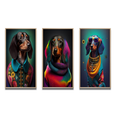 «Cool Dachshund In Rainbow Designer Pull VI», 3 pièces sur toile