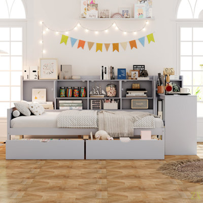Lit de jour double avec 3 armoires de rangement et 2 tiroirs, structure en L en bois avec bureau d'étude et bibliothèque intégrée, lit multifonctionnel pour chambre d'amis