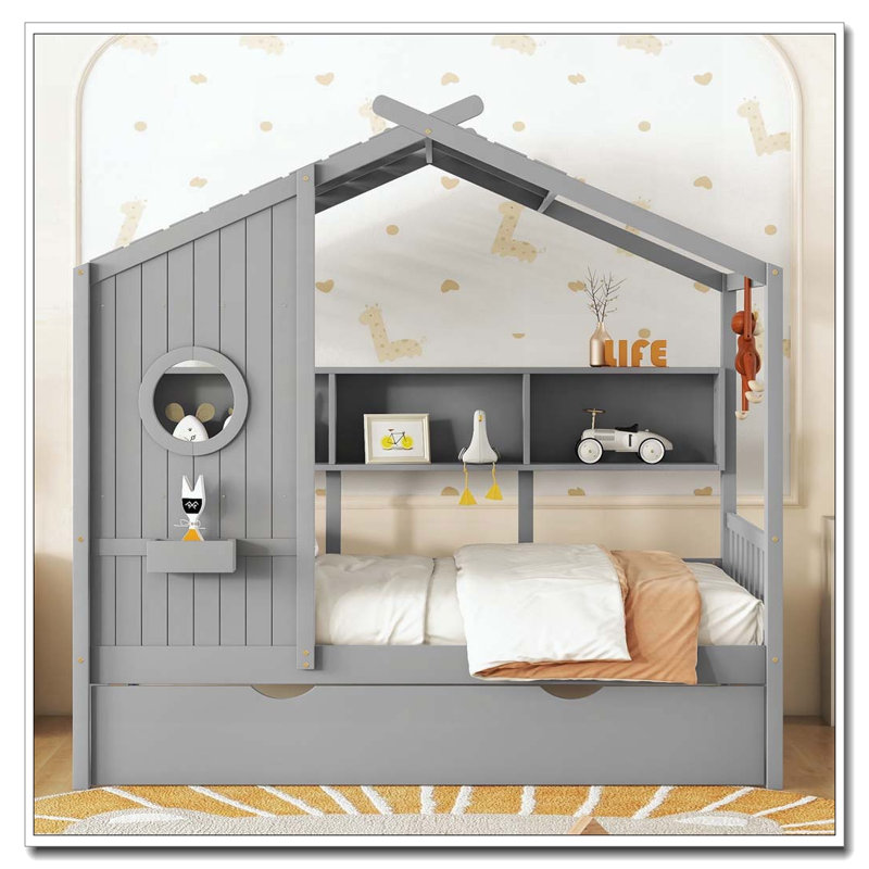 Lit double en bois avec lit gigogne, Gris, Lit double