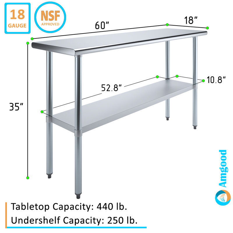 60" Stainless Steel Kitchen Utility Table with Galvanized Undershelf