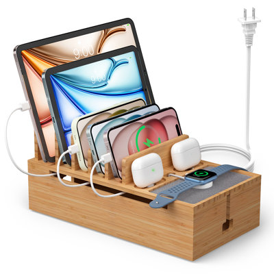 Bamboo Charging Station Organizer, 5-Port USB Hub + 6 Charging Cables, Wooden Phone Dock with Felt Pad, Magnetic No-Assembly, Multi-Device Stand for Desk, Nightstand, Natural Bamboo