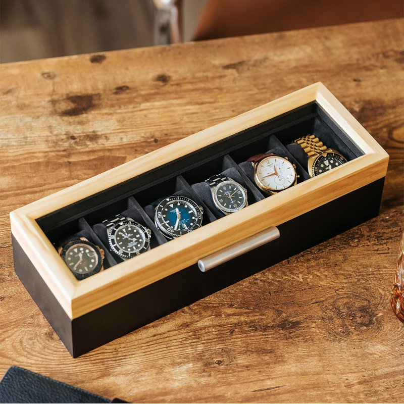 Boîte de montre à 6 fentes avec poignée en aluminium à deux tons en pin et noir