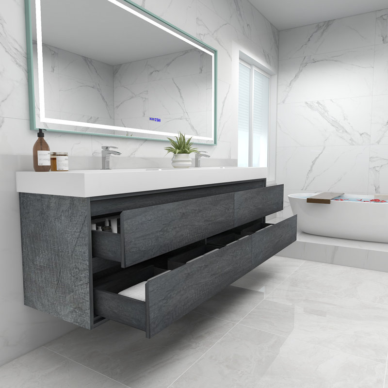 84'' Double Bathroom Vanity with Acrylic Top, Smoke Oak