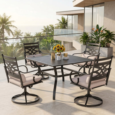 Alyah 4 - Person Rectangular Outdoor Dining Set with Swivel Dining Chairs, Cushions & Pillows
