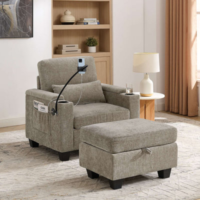 Canapé inclinable simple avec dossier réglable manuellement, port de charge USB sur le côté de l'accoudoir, support pour téléphone inclus, rangement caché pour l'accoudoir et repose-pieds assorti