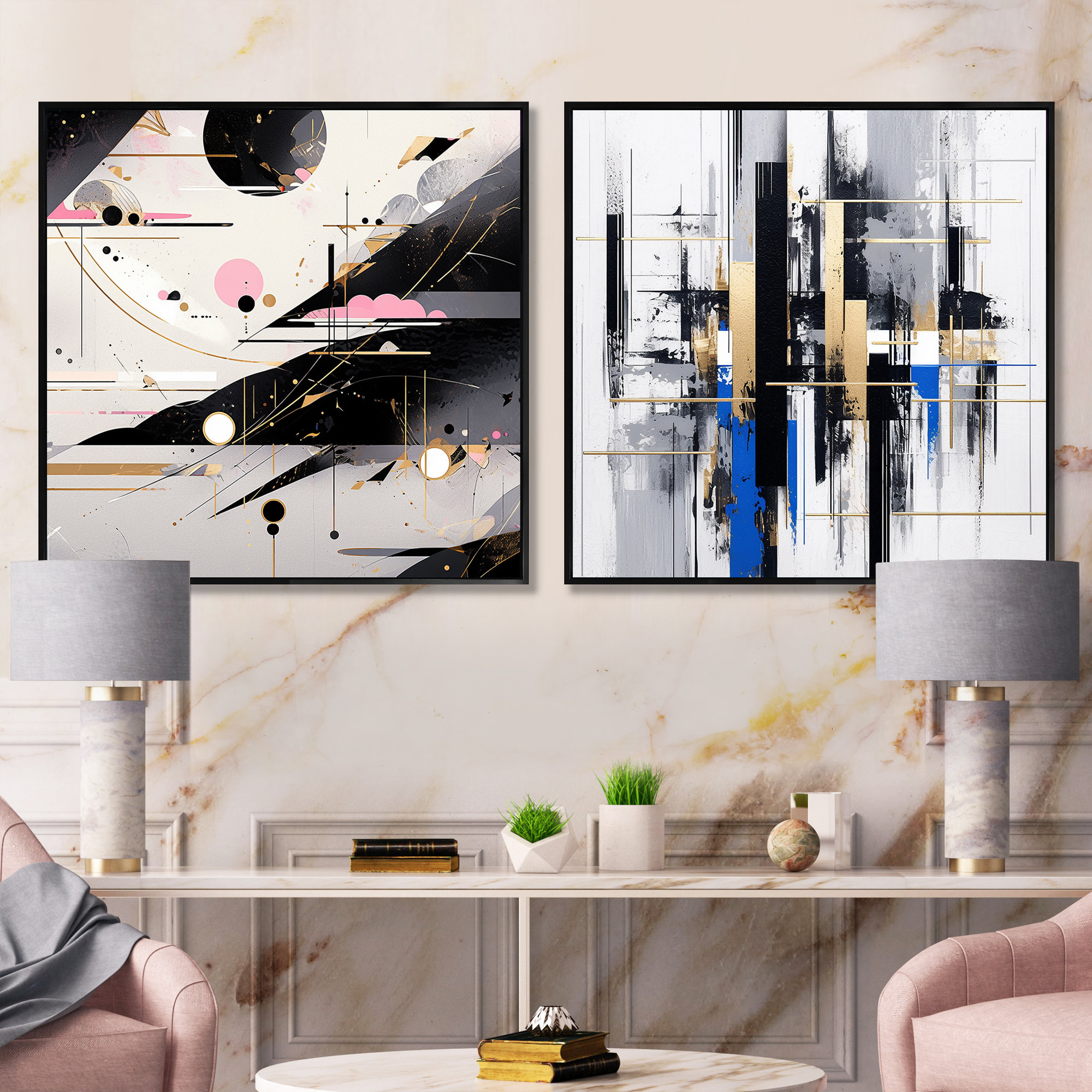 Wrought Studio Red And Gold Cubic Abstract - Cubism Square Collage Set ...