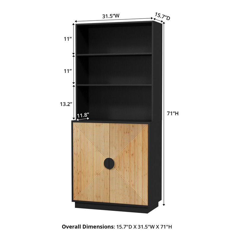 Garde-manger 72 po H noir et bambou avec tablettes ouvertes - étagère de présentation à 3 niveaux + armoire de rangement à 2 portes
