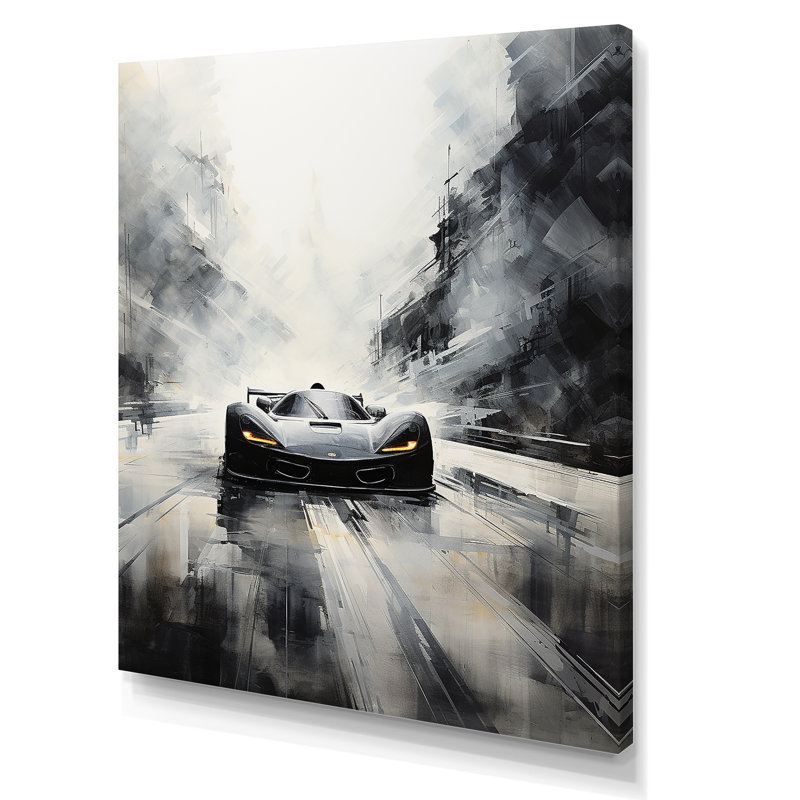 Gray Minimalist Race Car Traces I - Art mural de course, Toile tendue, H 40 po x l 30 po x P 1,5 po