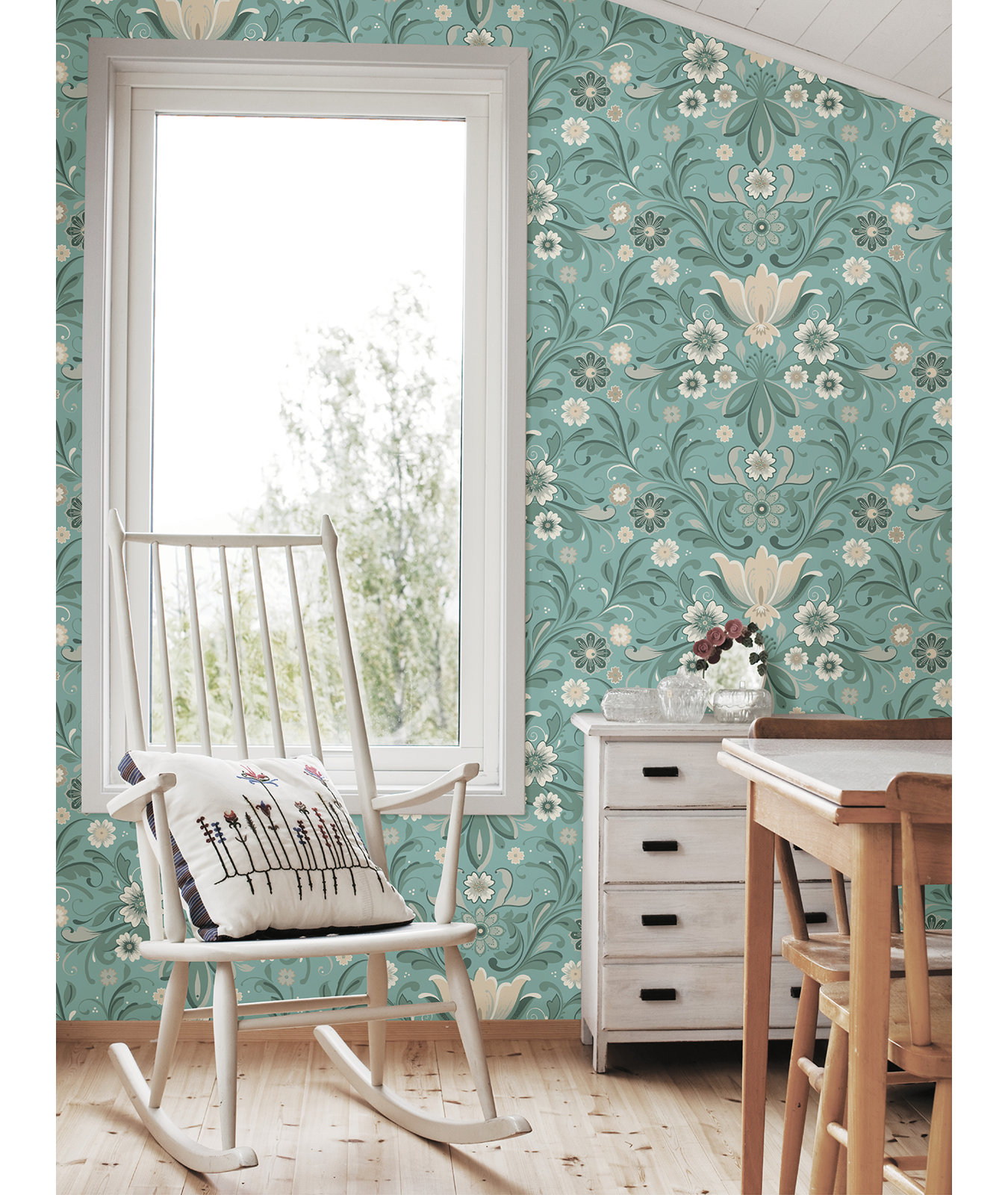 Toddy Floral Wallpaper, Turquoise