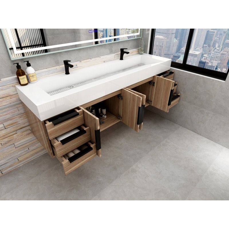 Jessica 72'' Wall-Mounted Single Bathroom Vanity, Natural Oak