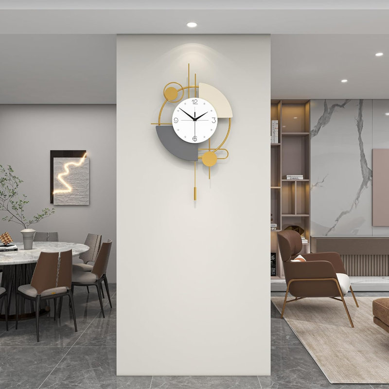 Grande horloge murale silencieuse de 25 pouces, design moderne en métal doré et bois pour le salon, la chambre à coucher ou le bureau