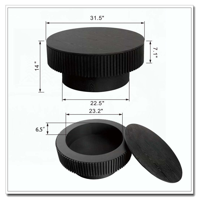 Table basse ronde en bois massif avec rangement 31,5 po, Noir, noir, noir, noir