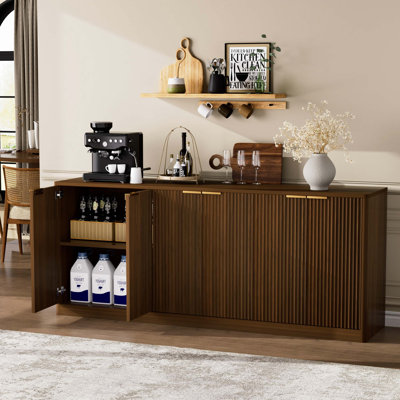 67-inch modern wavy sideboard, curved contour design storage cabinet, 6-door cabinet with storage function, suitable for kitchen / bedroom / living room, Walnut, 67.0"L x 15.7"W x 27.7"H