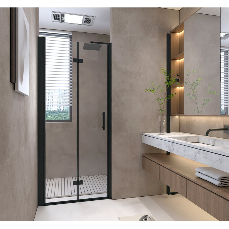 Porte de douche pliante, verre trempé de 1/4 po (6 mm), cadre en aluminium noir mat, film antidéflagrant
